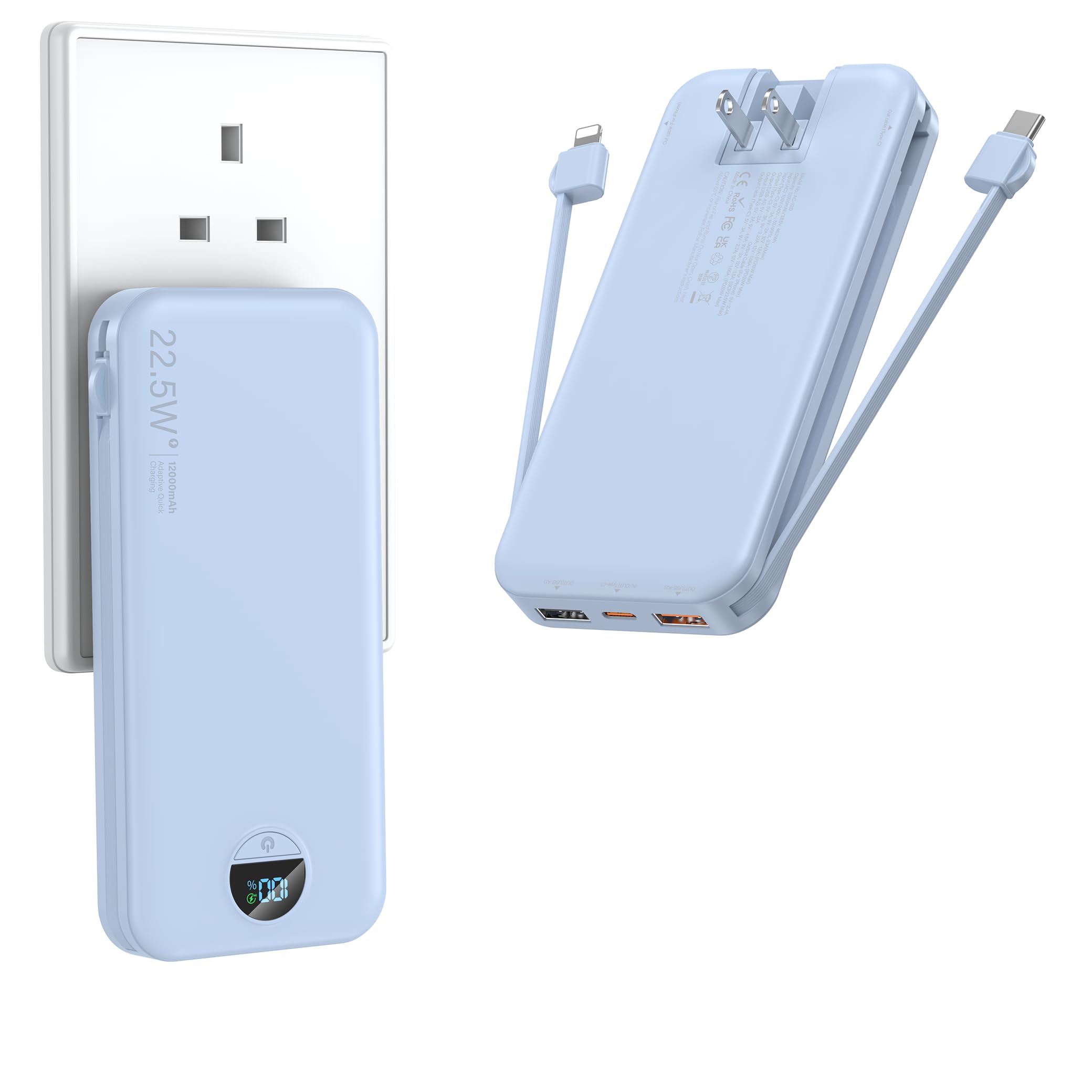 - Portable Charger with Wall Plug, 12000mAh USB C Power Bank Fast Charging, External Battery Pack with Built in Cables, Digital Display, 5 Output 4 Input for iPhone Android Cell Phone Tablet