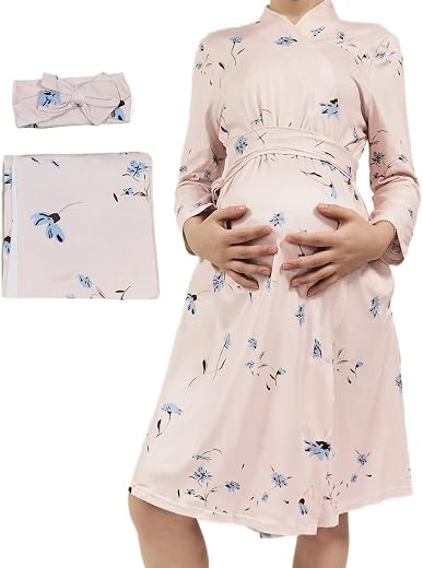 Women's Maternity Nursing Mommy Robe with Matching Swaddle Set, Pregnancy Hospital Labor Delivery Breastfeeding Bathrobes