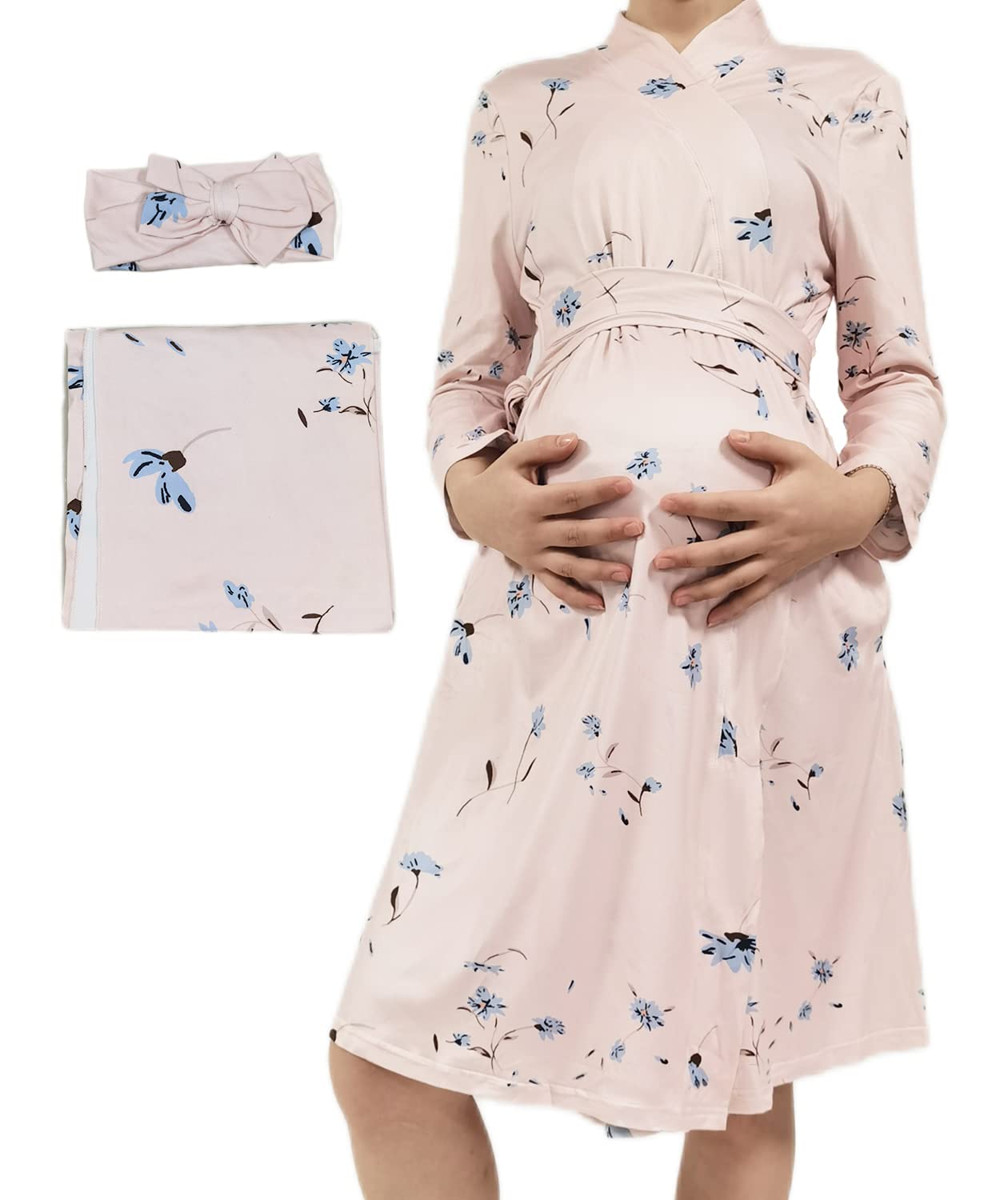 Women's Maternity Nursing Mommy Robe with Matching Swaddle Set, Pregnancy Hospital Labor Delivery Breastfeeding Bathrobes
