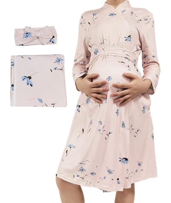 SUFEINI Women's Maternity Nursing Robe with Matching Swaddle Set, Pregnancy Hospital Breastfeeding Bathrobes 3 in 1 Labor Delivery Nightgowns Mommy Robes by SUFEINI - Used condition - US$19.95