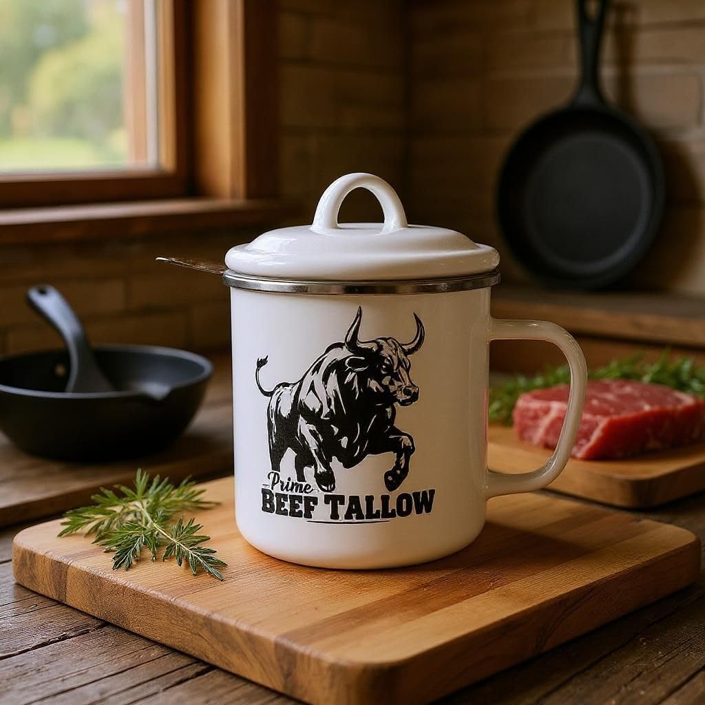 Beef Tallow Container with strainer for Fat Storage – 40 floz–1.1 L– Bacon Grease Container, Strainer, & Spatula for Brisket Drippings, Lard, & Oil– Grease Keeper for Kitchen - Dishwasher Safe