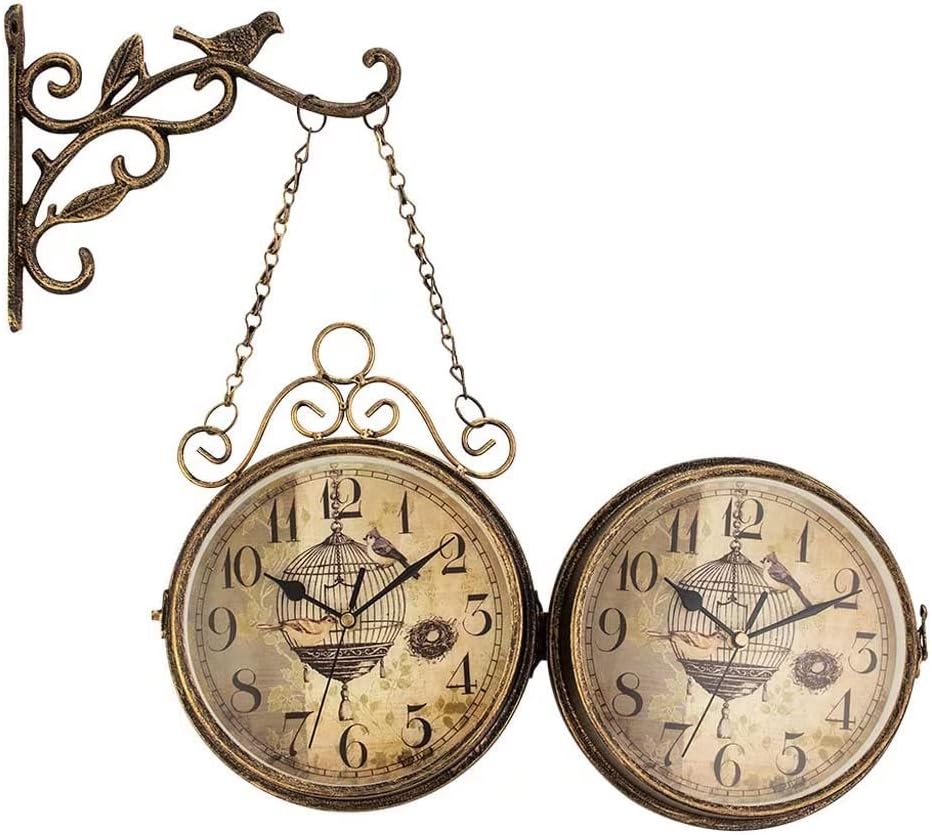 Retro Double Sided Clock Waterproof Outdoor Clock Vintage Two Faces Innovative Classic Wall Hanging Clocks with Bird Finial, Quiet Quartz Antique Round Clock