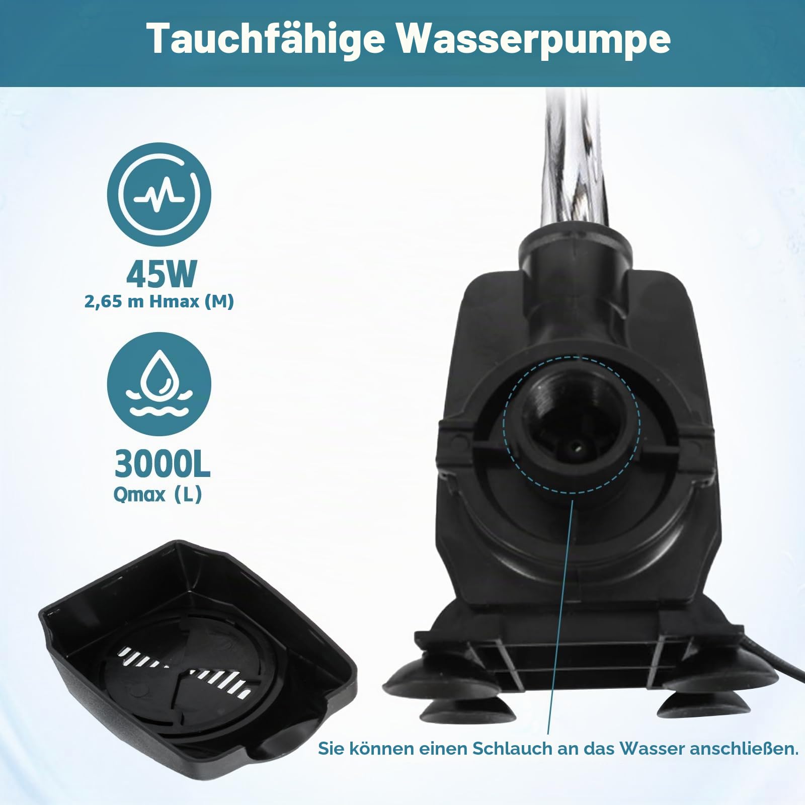 Teichwasserfall Überlauf für Gartenteiche, 30 cm Edelstahl Überlauf Teichbrunnen-Set mit 45W 3000L/H Pumpe für Teich, Pool, Garten, Terrassendekoration