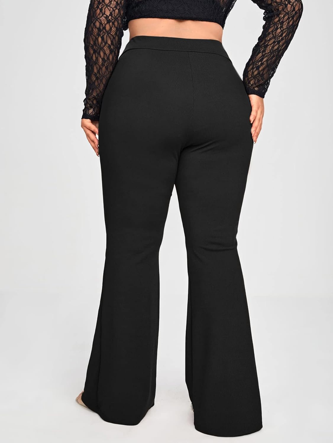 WDIRARA Women's Plus Size Elastic High Waist Flare Bell Bottom Ribbed Knit Long Pants - Image 2