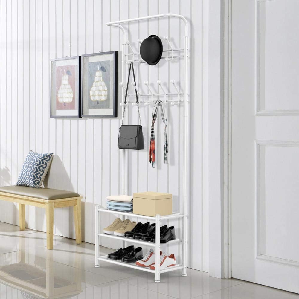 Yaheetech Coat Rack Shoe Bench, 3-in-1 Hall Tree, 3-Tier Metal Organizer Multifunctional Storage Shelves with 18 Hooks for Entryway/Hallway, Easy Assembly, White