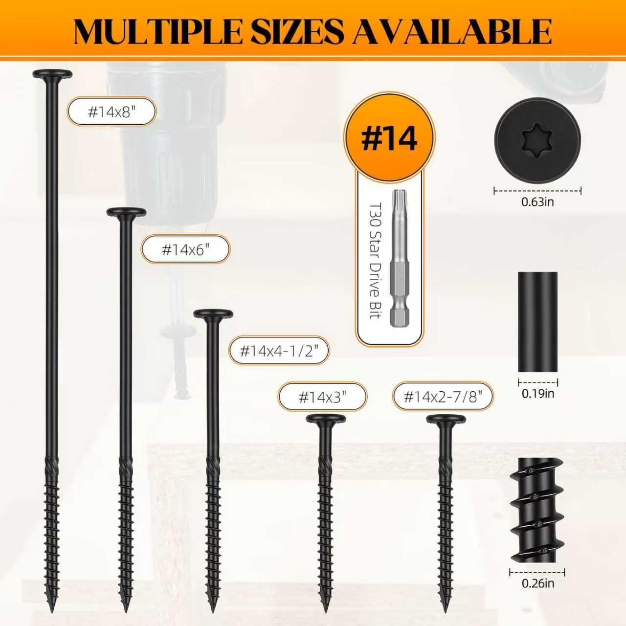 Kryonix Structural Lag Screws #14 x 2-7/8 Inch, 250-PCS Wood Screws, Black Deck Screws, Heavy Duty Exterior Construction Screws, Star Torx Drive, with T30 Bit - Rust Resistant, for Timber/Log