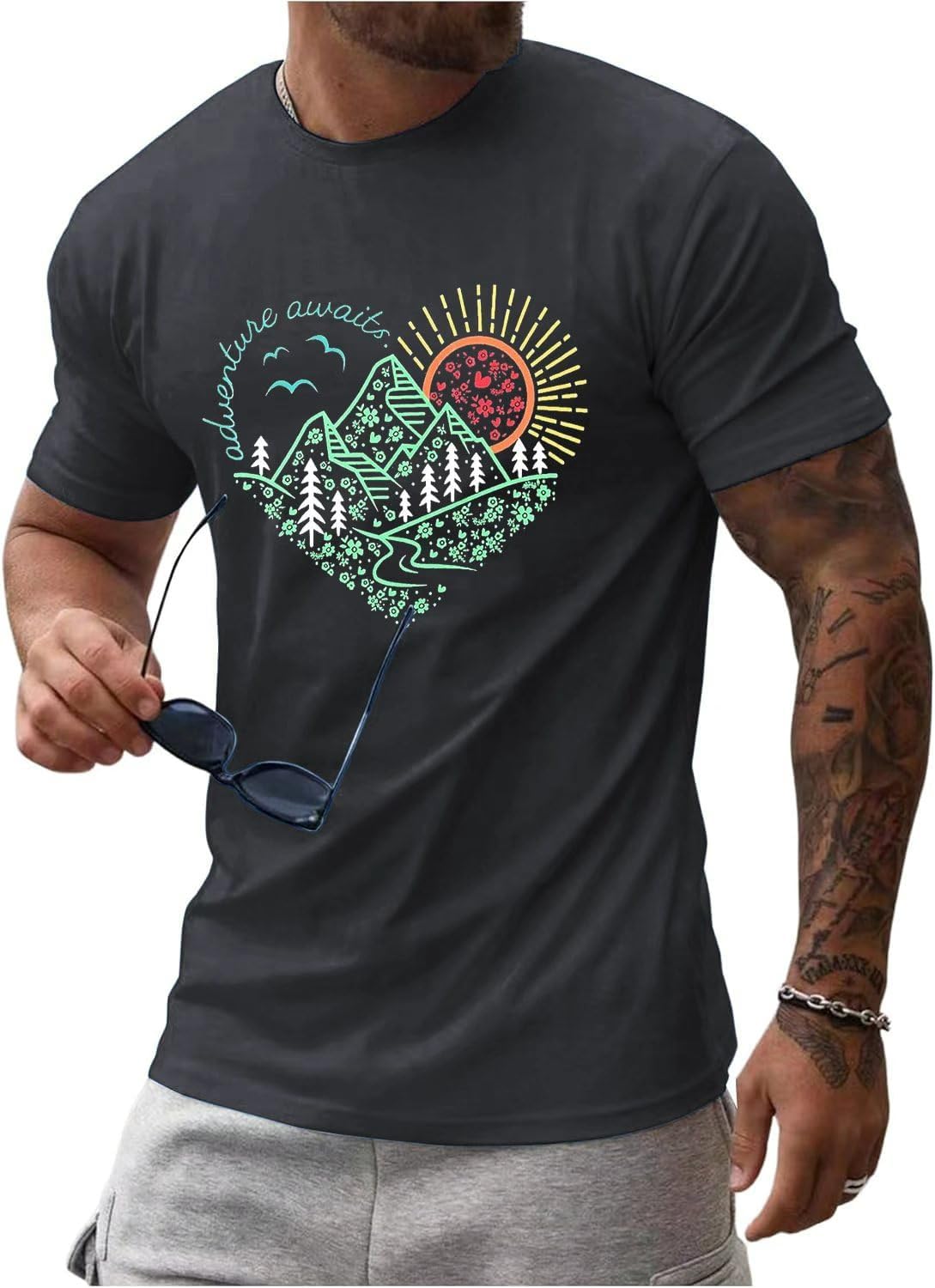 Round Neck Graphic Tees for Men Summer Fall Short Sleeve T-Shirt Basis Tops Blouse