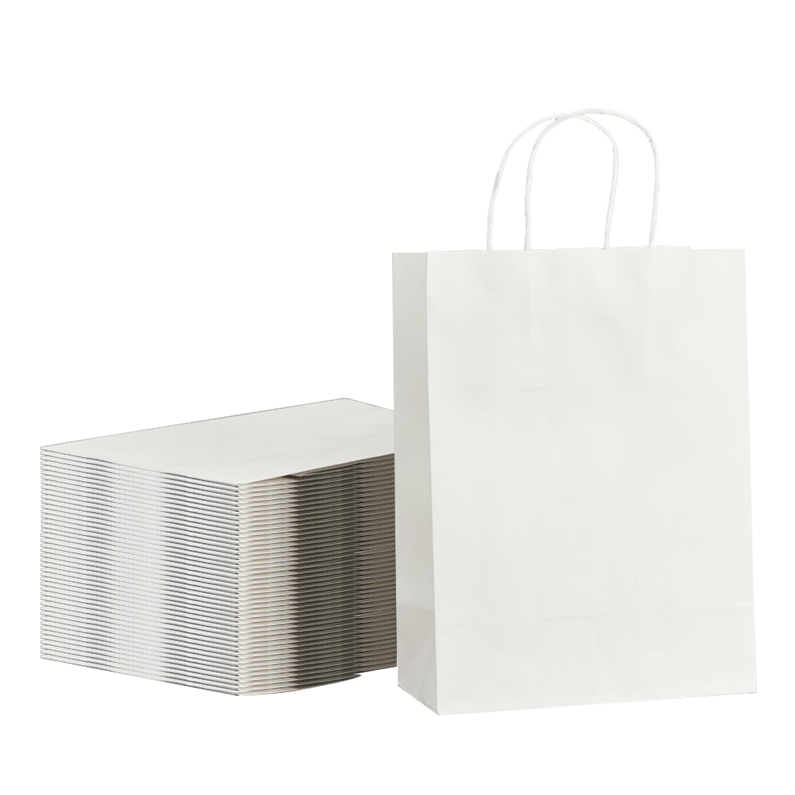 METAPRINT Confezione da 100 sacchetti di carta kraft bianca con manici, 20 x 11,4 x 27 cm, sacchetti regalo di carta per feste di compleanno, bomboniere, generi alimentari, shopping, affari, sacchetti