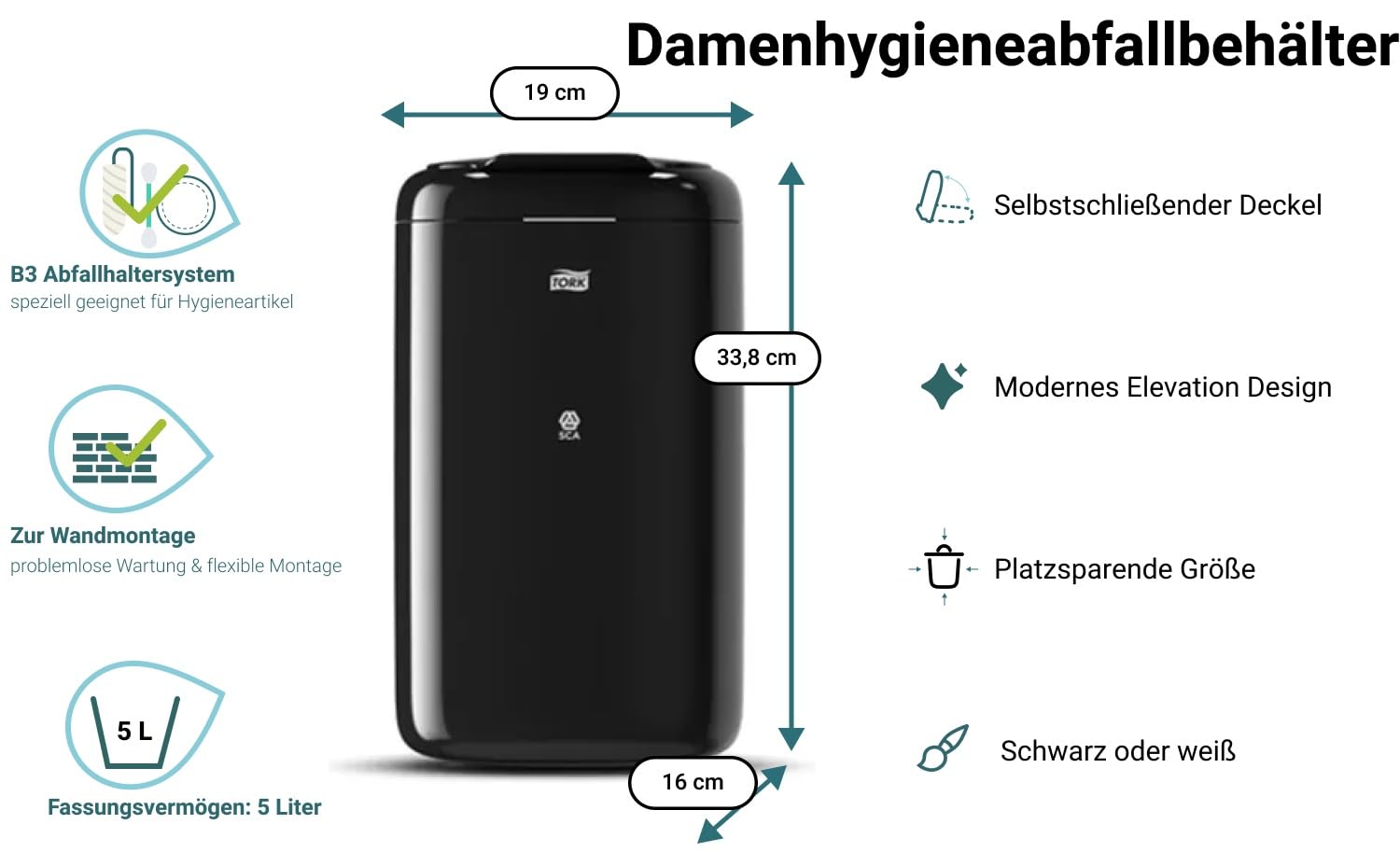 Damenhygiene-Abfallbehälter B3 Schwarz | Selbstschließender Deckel, Wand- & Bodenmontage, Elevation Design, platzsparend
