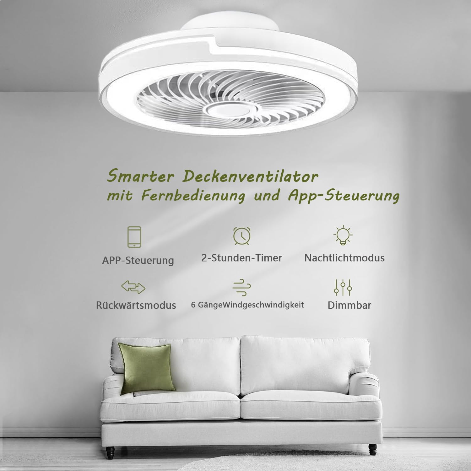 Ventilateur de plafond avec lumière 6 vitesses silencieux 50 cm blanc design moderne