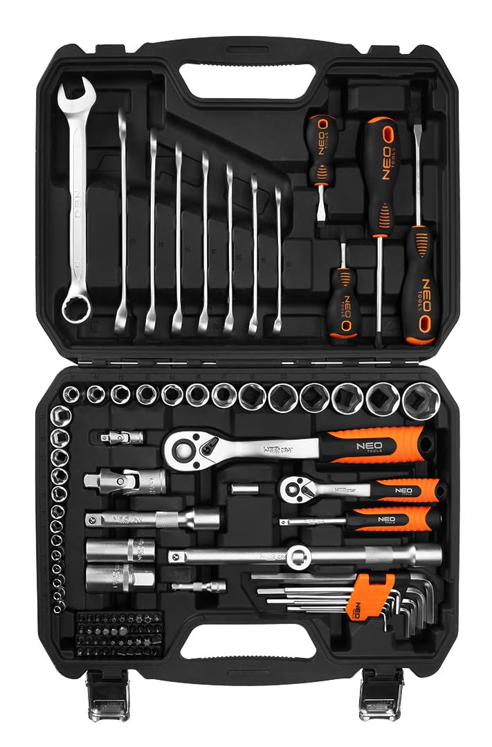 NEO TOOLS Set di Chiavi 100 Pezzi 1/2 ", 1/4" In Una Custodia | Chiavi A Bussola, Cacciaviti, Chiavi A Brugola, Cricchetto | Kit Completo Per Officina, Garage, Fai Da Te