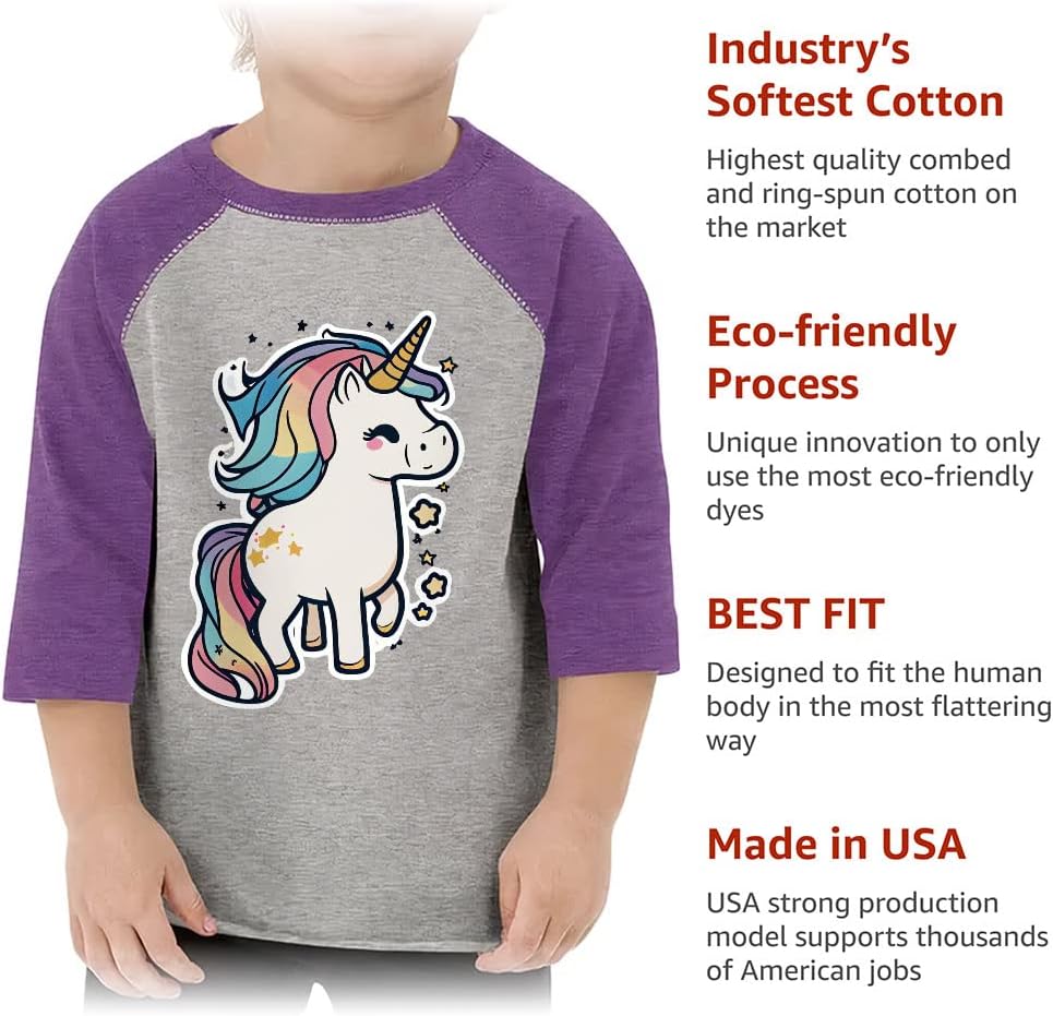 Unicorn Print Toddler Baseball T-Shirt - Funny 3/4 Sleeve T-Shirt - Cute Kids' Baseball Tee