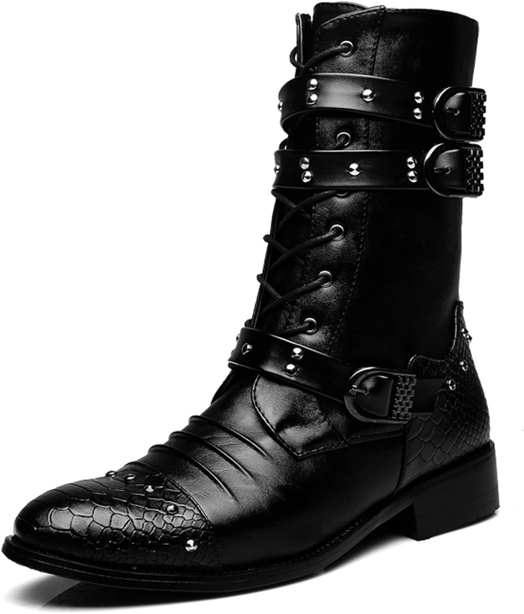 Mens Boots Western Retro Studded Rivet Buckle Zipper Western Motorcycle Combat Boot Heavy Metal Punk Rock Black 8 D(M) US