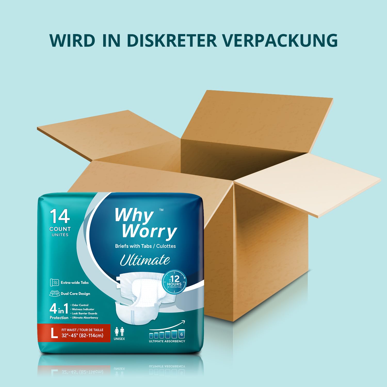 WhyWorry Ultimate Windeln für Erwachsene, Inkontinenz Slip für Frauen und Männer, Erwachsenen Windel mit ultimativ Saugfähigkeit, Auslaufschutz über Nacht, Unisex, Größe L, 14 Stück