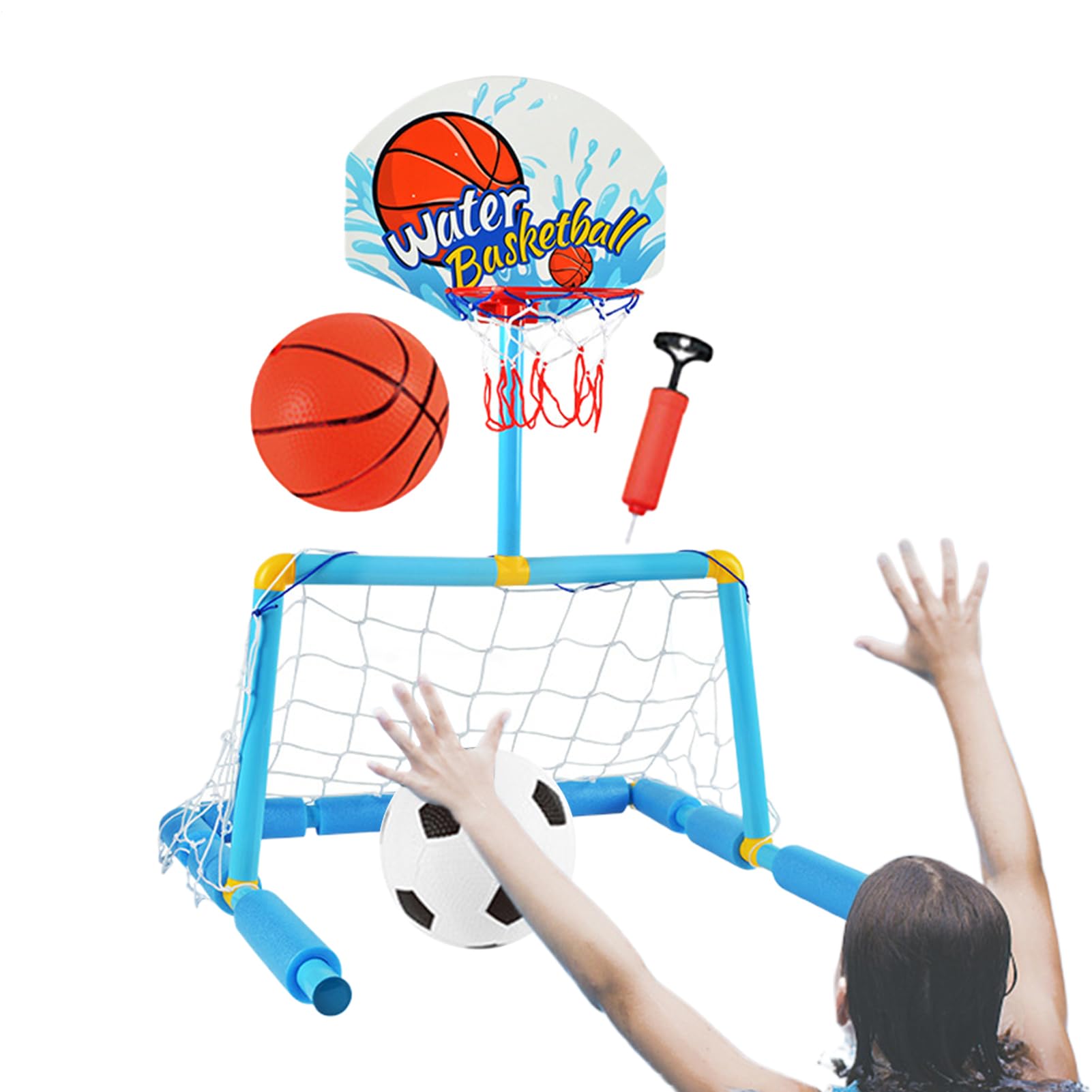 Ensemble D'objectifs De Sport Aquatique – Panier De Basket-ball Et De Football À Double Fonction, Jeu Flottant Interactif Avec Pompe Et Balles | Accessoire De Divertissement Pour À Partir De 4
