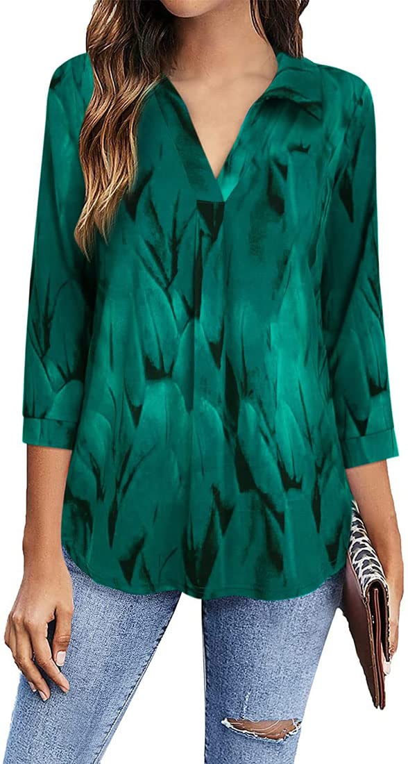 ZIOOER Blusas de Mujer Elegantes con Cuello V Camisas Manga 3/4 de Gasa Camisas S-2XL