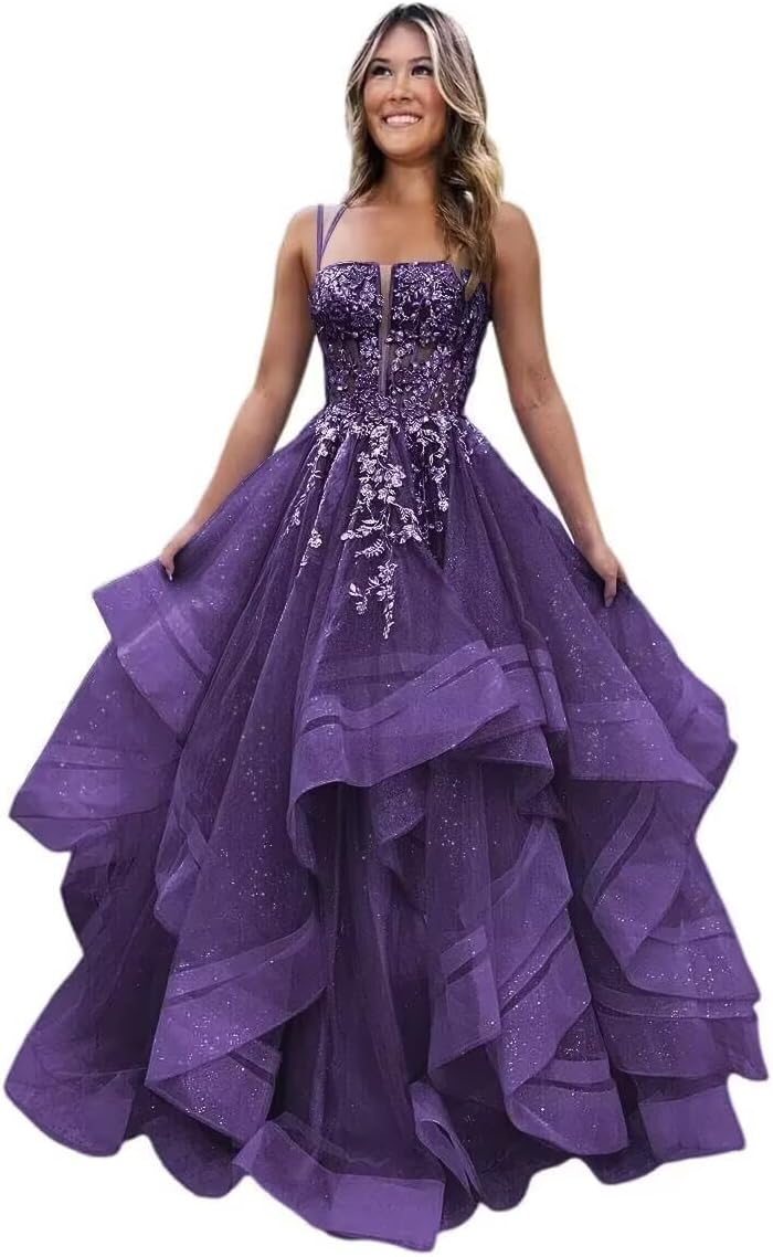 Sparkly Tulle Prom Dresses Long Ball Gown for Women 2026 Lace Applique Tiered Formal Evening Gowns for Teens