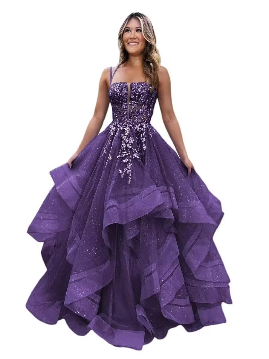 Sparkly Tulle Prom Dresses Long Ball Gown for Women 2026 Lace Applique Tiered Formal Evening Gowns for Teens