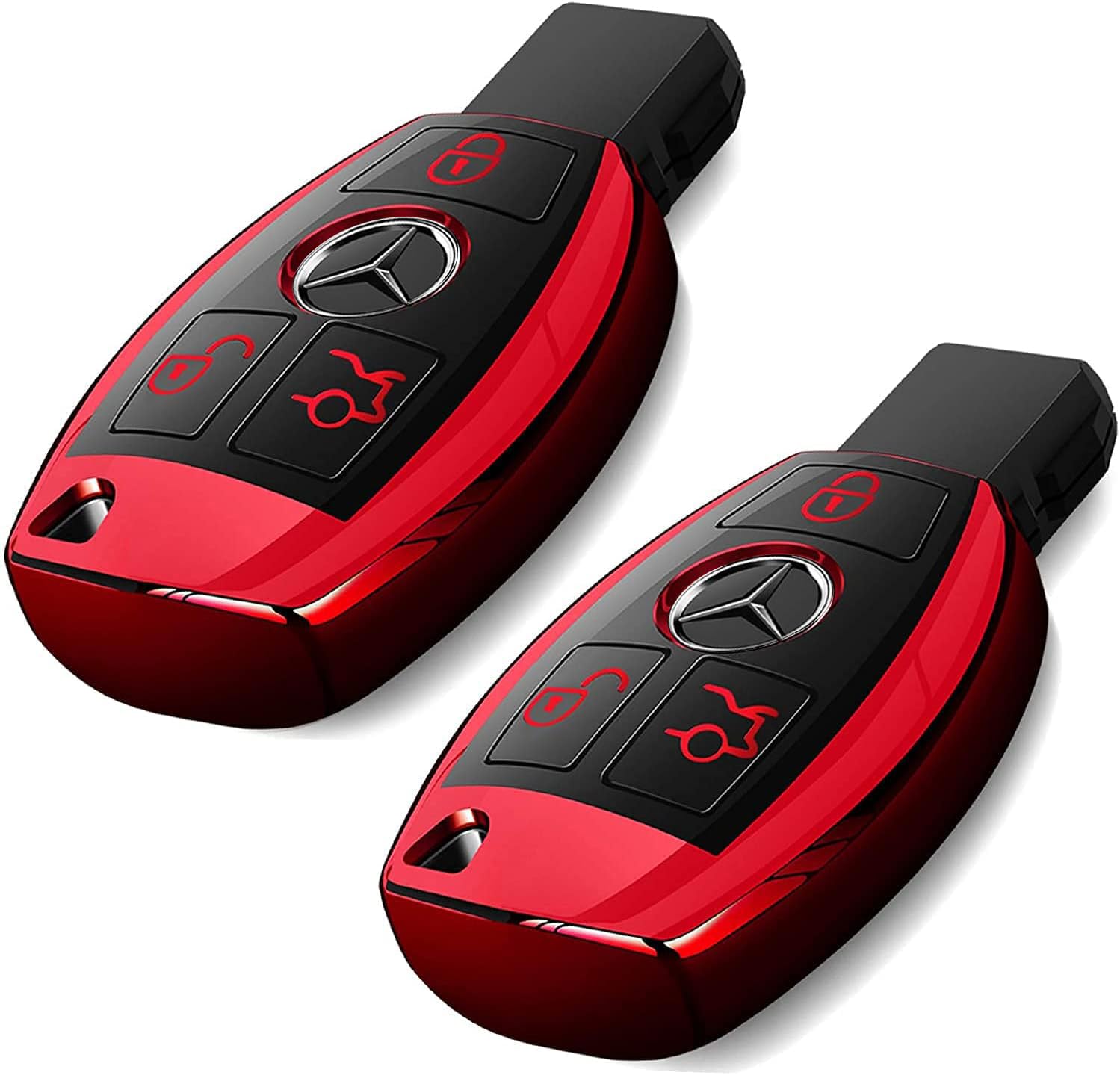 Intermerge for Mercedes Benz Key Fob Cover, Premium Soft TPU Key Case Cover Compatible with Mercedes Benz C E S M CLS CLK G Class Keyless Smart Key Fob_Red(2 Pack)