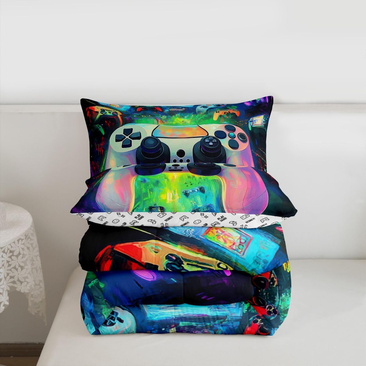 Feelyou Boys Girls Gamer Bedding Set Toddler Size, Hippie Graffiti Gaming Comforter Set Modern Game Duvet Insert Kids Teens Bedroom Decor 2Pcs