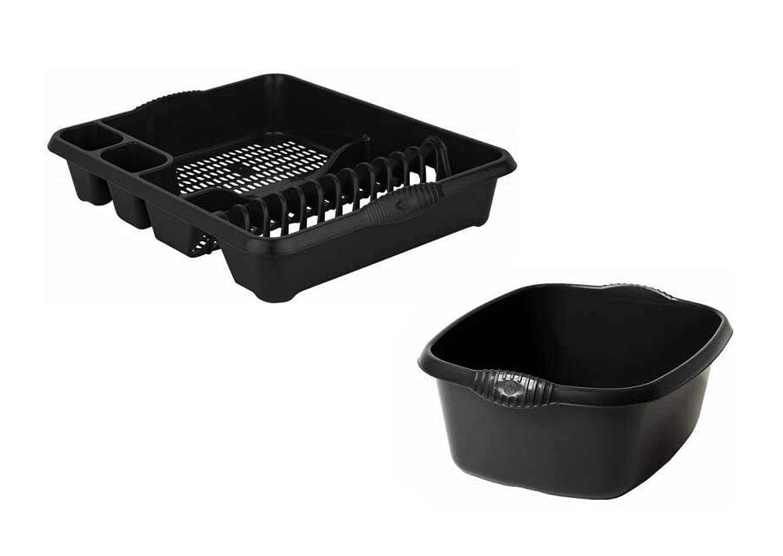 Homion Midnight Plastic Rectangular Washing Up Bowl & Large Dish Drainer Rack Plate Holder Kitchen Sink 2 Pc Set (Midnight)