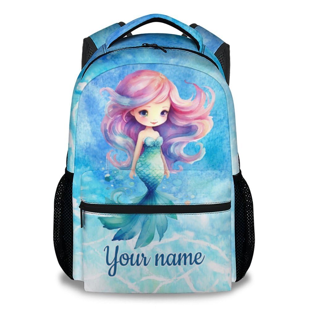 MEETUHONEY Custom Mermaid Backpack for Kids, 17 Inch Blue Backpacks for Girls, Aesthetic Portable Bookbag for Middle High School