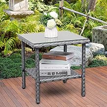 Valita Outdoor PE Wicker طاولة جانبية زجاج أعلى حديقة بجانب المسبح فناء صغير من الروطان أثاث مربع طاولة نهاية ، رمادي   