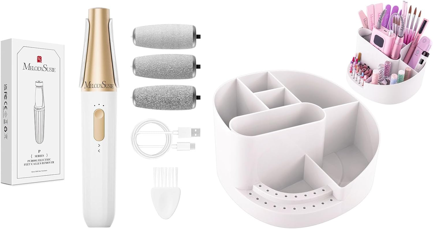 MelodySusie Electric Callus Remover for Feet PC800G and Nail Art Tools Storage Box with 18 Holes & 7 Compartments
