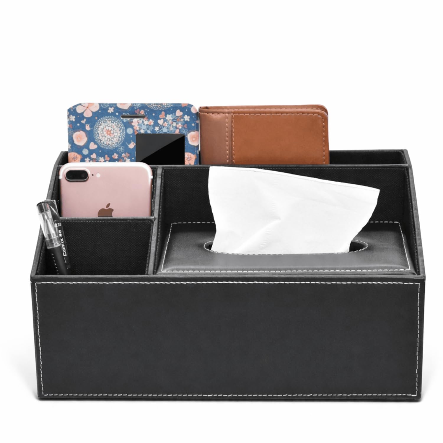 Luxury Leather Desk Organiser with Tissue Box Holder & Pen Stand | Office Table Stationery Organiser with Mobile Holder | Rectangular Tissue Storage Box for Home, Study Table & Car Setup-image-46