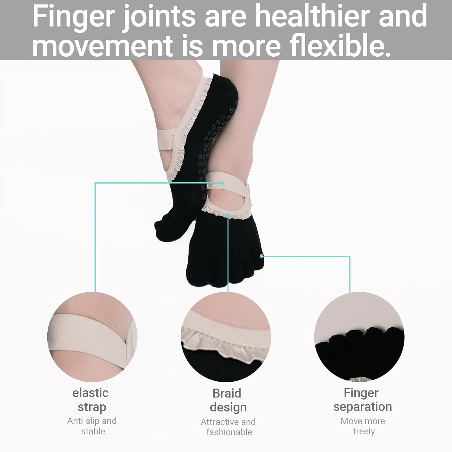 Women's Non-Slip Pilates & Yoga Toe Socks with Lace Trim - Fashionable Grip Socks for Indoor Workouts, 4 Pairs Pack in Mixed Colors (Black, Blue, Pink, White) - US Size 5-9 - Image 4