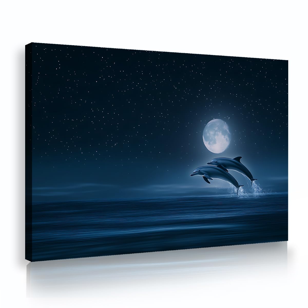 CHERHERART Delfin Skaczący w świetle księżyca płótno sztuka ścienna nocna niebieski plakat na płótnie do sypialni salon biuro domowe pokój dziecka 60x90cm rama wewnętrzna