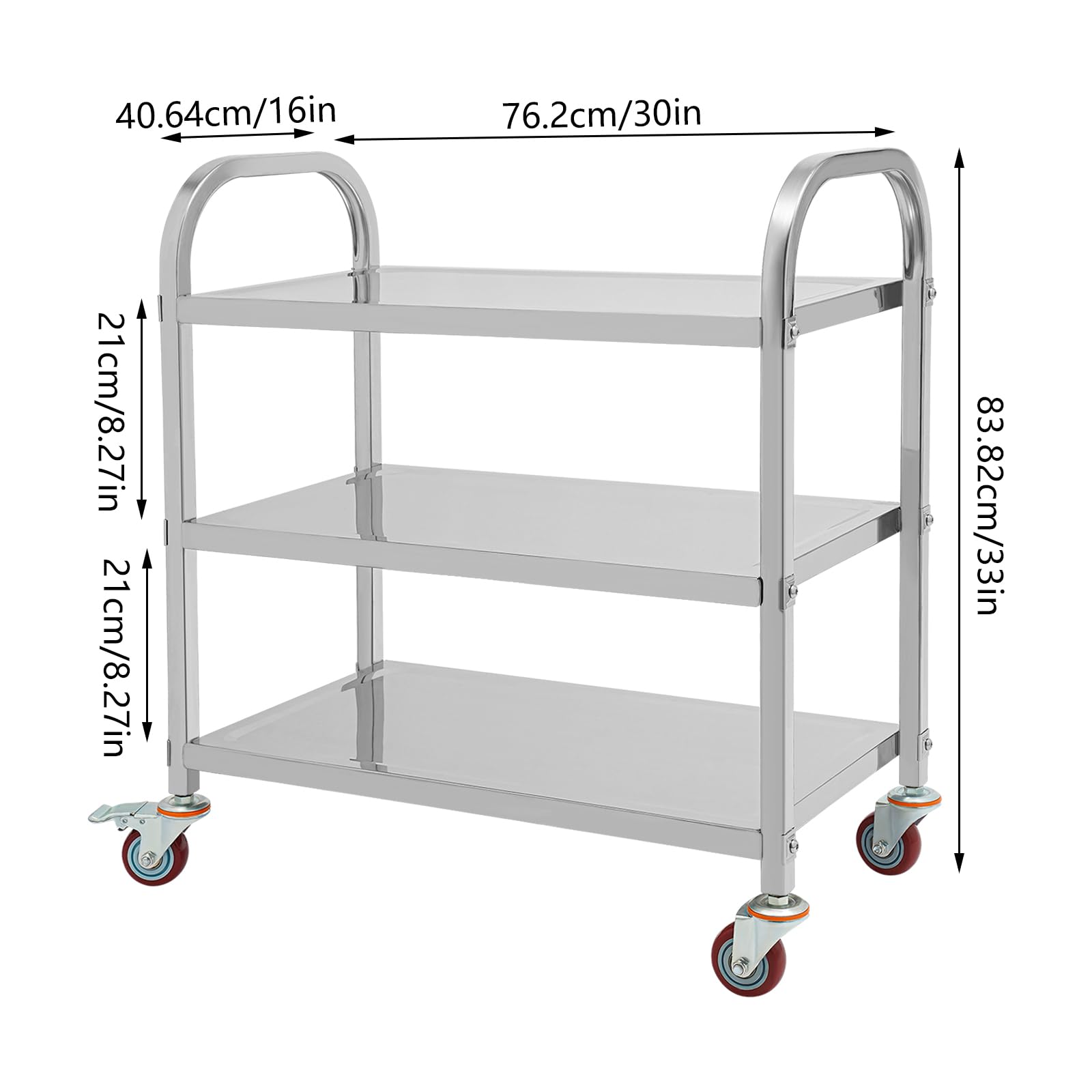 OUKANING Carro de cocina de acero inoxidable con 3 estantes, carro de servicio de alta capacidad de carga y ruedas silenciosas, isla de cocina móvil y estante de cocina para microondas, cocina