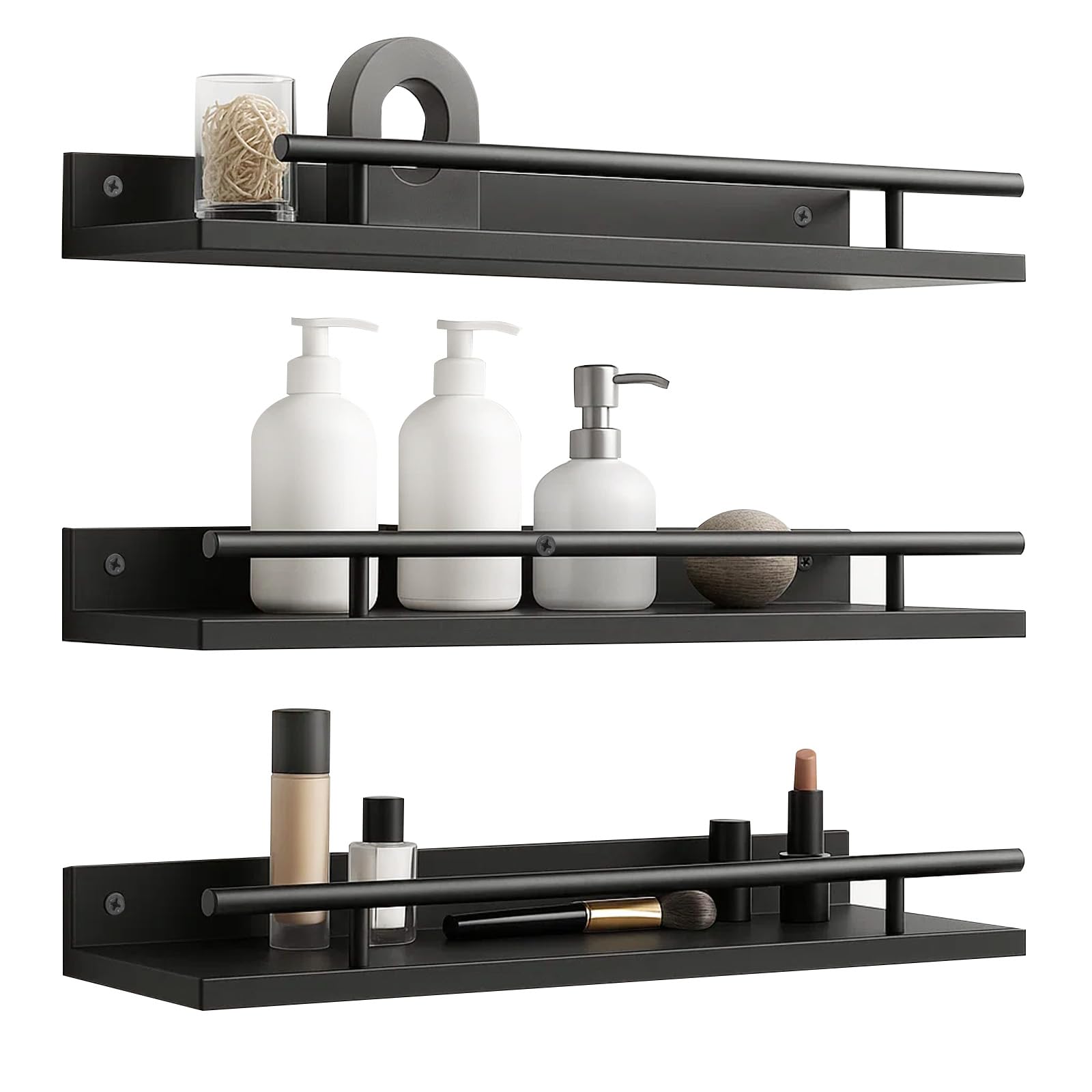 Minifactory Floating Shelves Wall Mounted Set of 3, Rustic Wood Wall Shelves with Metal Guardrail, Picture Ledge Display Shelves for Bathroom Living Room Kitchen Bedroom Home Office (Black)