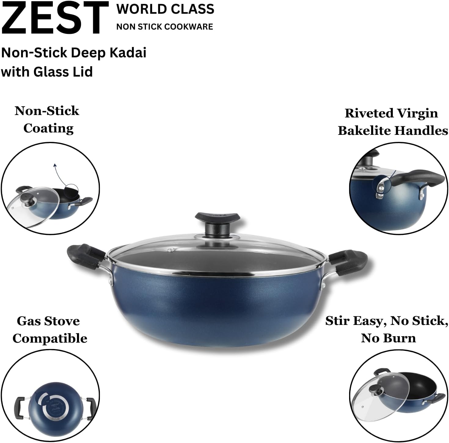 Vinod Cookware Non Stick Deep Kadai with Lid 4.1 Liters, Blue/Black, ZNKL-26
