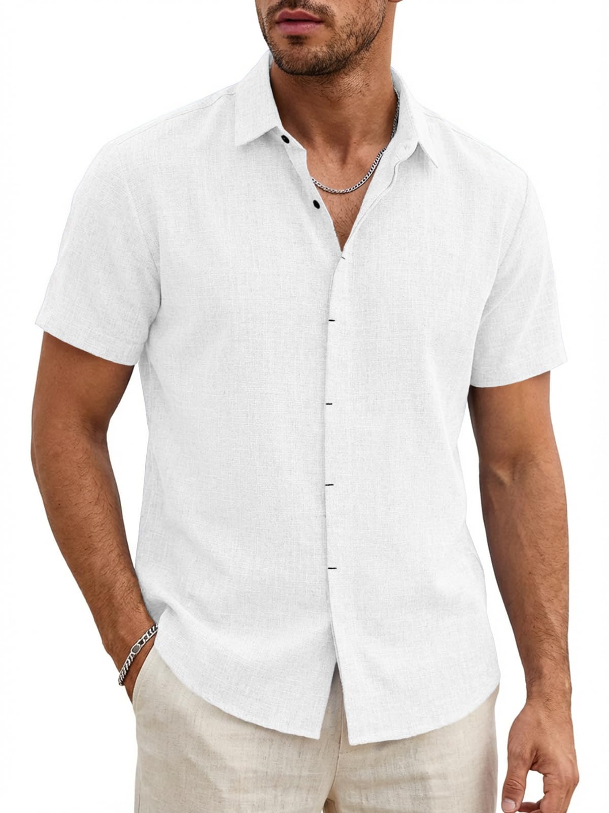 Runcati Herren Hemd Kurzarm Leicht Sommerhemd Männer Regular Fit Leinenhemd Hochzeit Business Strand Freizeithemd Casual Einfarbig Basic Shirt Weiß L