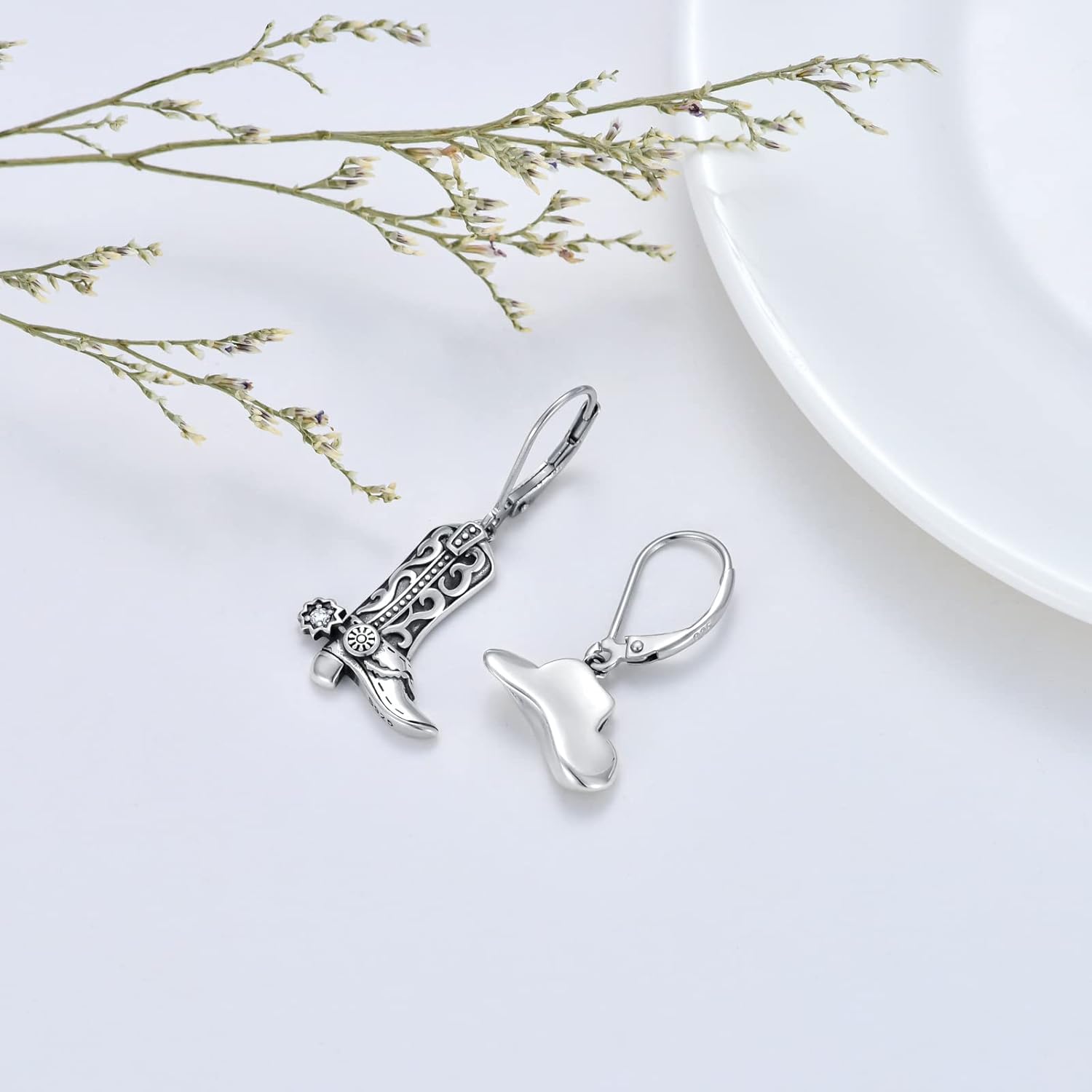 Cowboy Earrings Sterling Silver Cowgirl Boot Hat Dangle Dangling Drop Dangly Leverback Earrings Western Boho Jewelry Gifts for Women Men - Image 3
