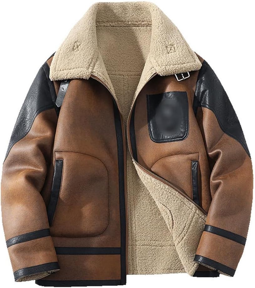 JSEIAJB Autumn and Winter Men's Loose Lapel and Thick Leather Color Jacket