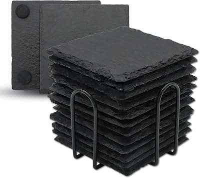 12 Pack Slate Drink Coasters with Metal Holder, VIBRATITE 4 Inch Black Slate Stone Coasters Bulk Laser Engraving Blanks with Anti-Scratch Bottom for Drink Coffee Bar Kitchen Home Decor, Square