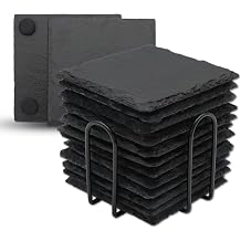 VIBRATITE 12 Pieces Slate Coasters Square 4 with Holder Natural Slate Irregular Edges Scratch Resistant Bottom Laser Engraved Drink Coaster Bar Home Decoration