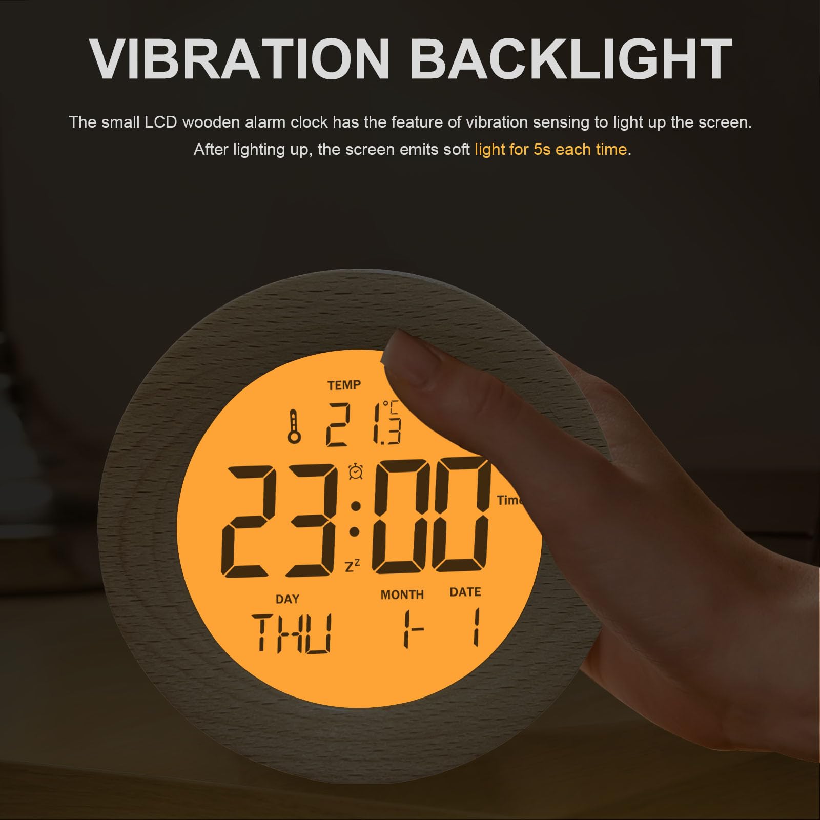 JoFomp Wooden Alarm Clock for Bedroom, 4'' LCD Nightlight Small Digital Clock Battery Operated, Loud Alarm Clock for Heavy Sleepers, Alarm Bedside Clock with Temp/Snooze/Date/Week/Countdown - 12/24H
