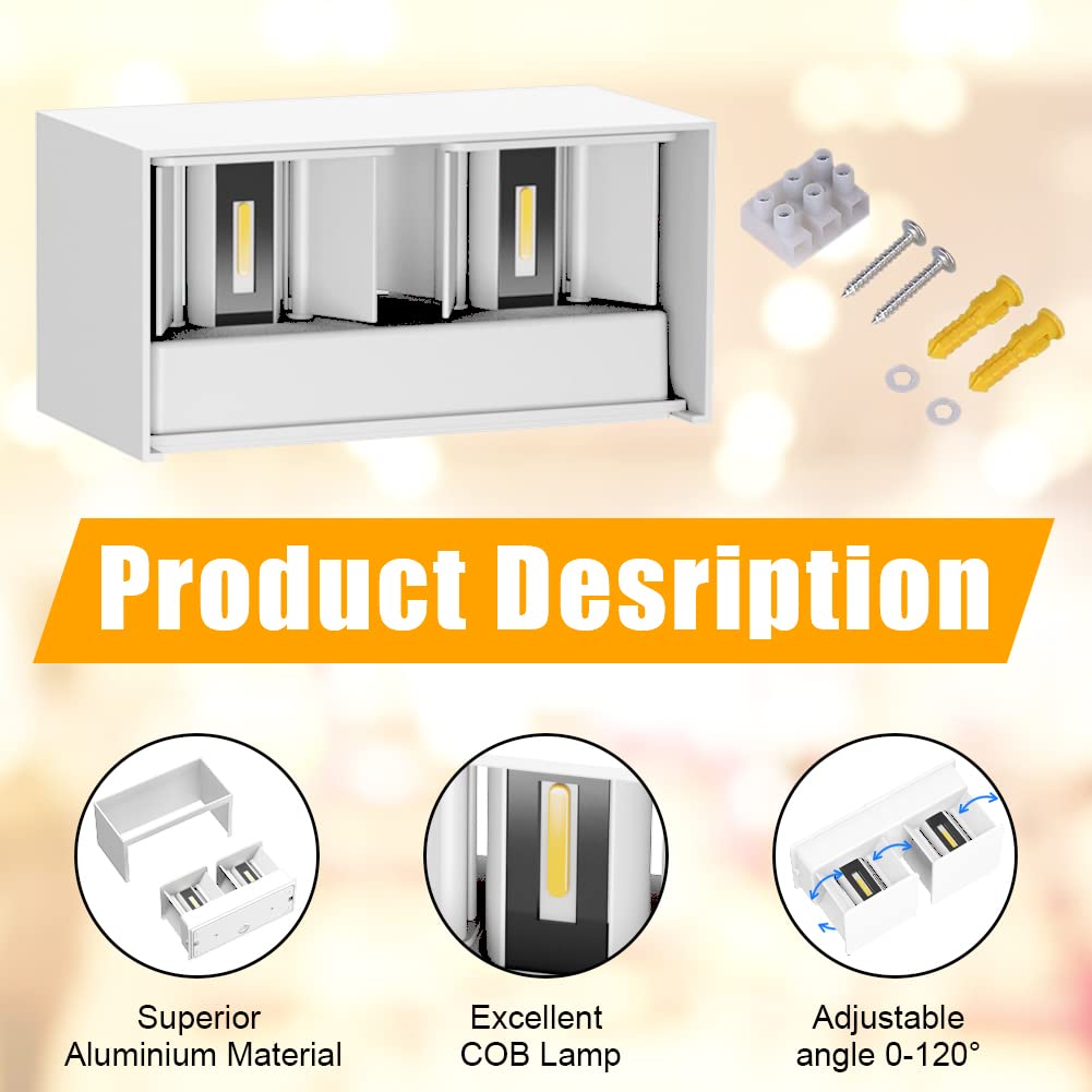 Klighten 24W Aplique de Pared Interior/Exterior 2 PCS Aplique de Exterior 3000K Lámparas de Pared exterior de LED con ángulo de Haz Ajustable Aplique de Pared IP65.（Blanco