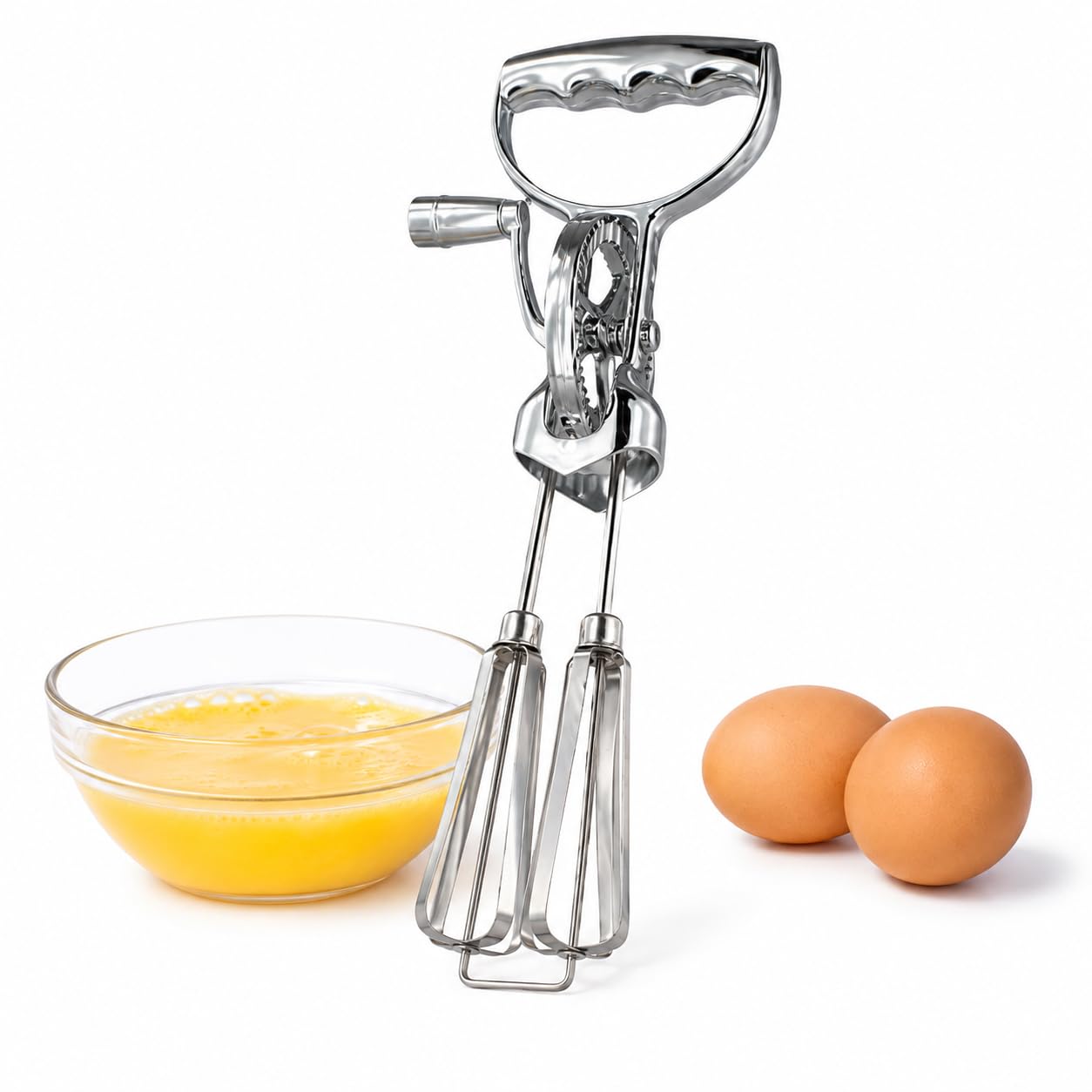 Stainless Steel Rotary Egg Beater Hand Crank, Manual Whisk Mixer with Double Circular Stirring Head, Semi-Automatic 360° Rotation ABS Handle Kitchen Tool