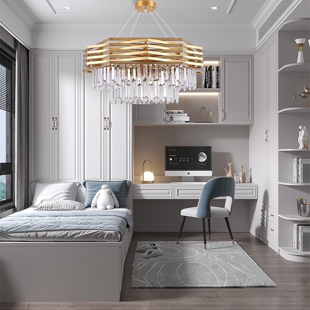 Modern Crystal Chandelier,32 inch Pendant Light Fixture Gold Ceiling Lights Flush Mount for Bedroom Living Room Dining Indoor Lighting,Hanging Lamp Adjustable Close to Ceiling Light,Included Bulb
