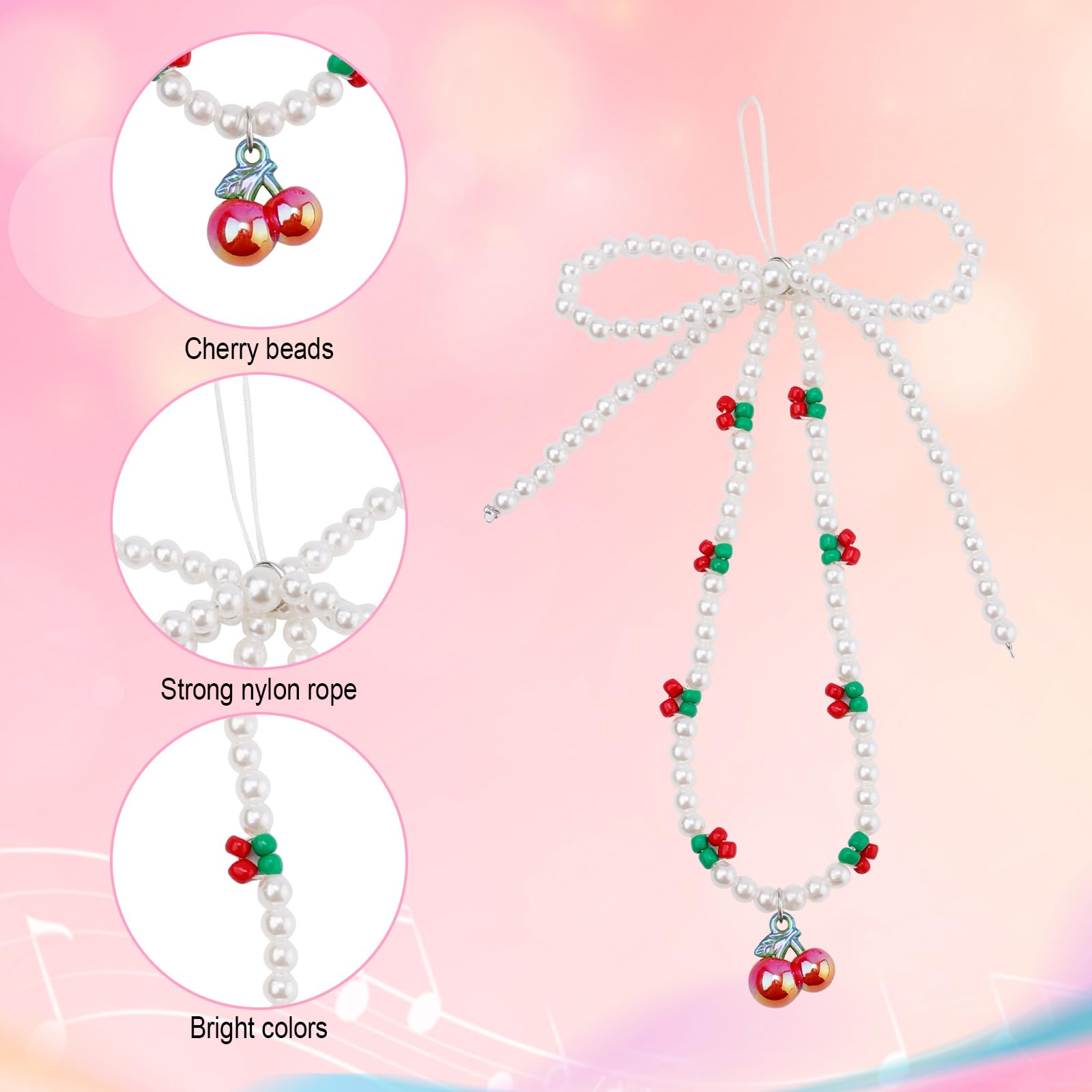 Pasek do Telefonu Cherry Phone Charm, Pasek na Nadgarstek Phone Charm Koralikowy Smycz do Telefonu Pasek na Nadgarstek Phone Lanyard Bransoletka dla Kobiet Phone Keyring Charm