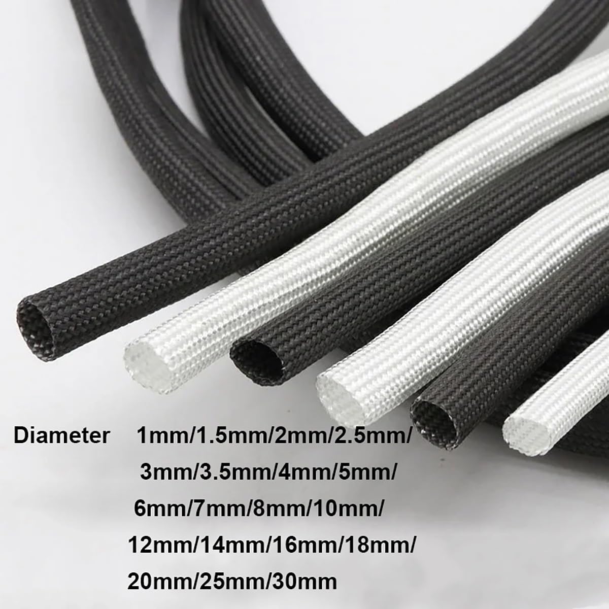 Guaina intrecciata espandibile in PET, Manica in fibra di vetro intrecciata 10 metri Taglie multiple Nero Bianco 600 gradi(10mm)