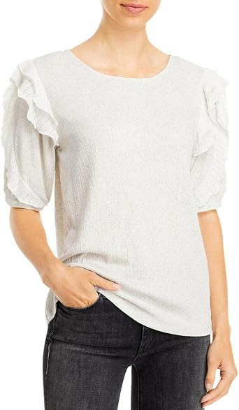 CUPIO Womens Blouse Beige Ruffled Smocked Elbow Sleeve Round Neck S