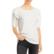 CUPIO Womens Blouse Beige Ruffled Smocked Elbow Sleeve Round Neck S