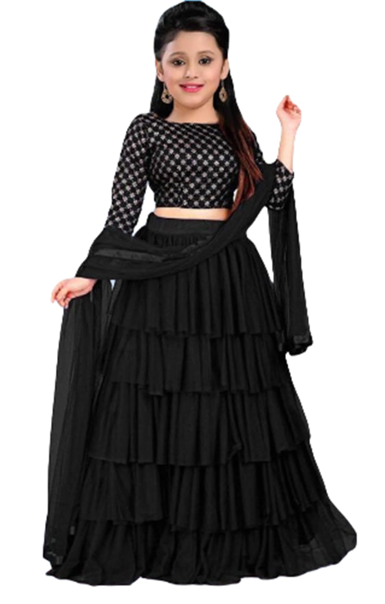 Tees4UGirls Embroidered Net Ethnic wear Readymade Lehenga Choli With Dupatta Set (D-E-5002_Black)