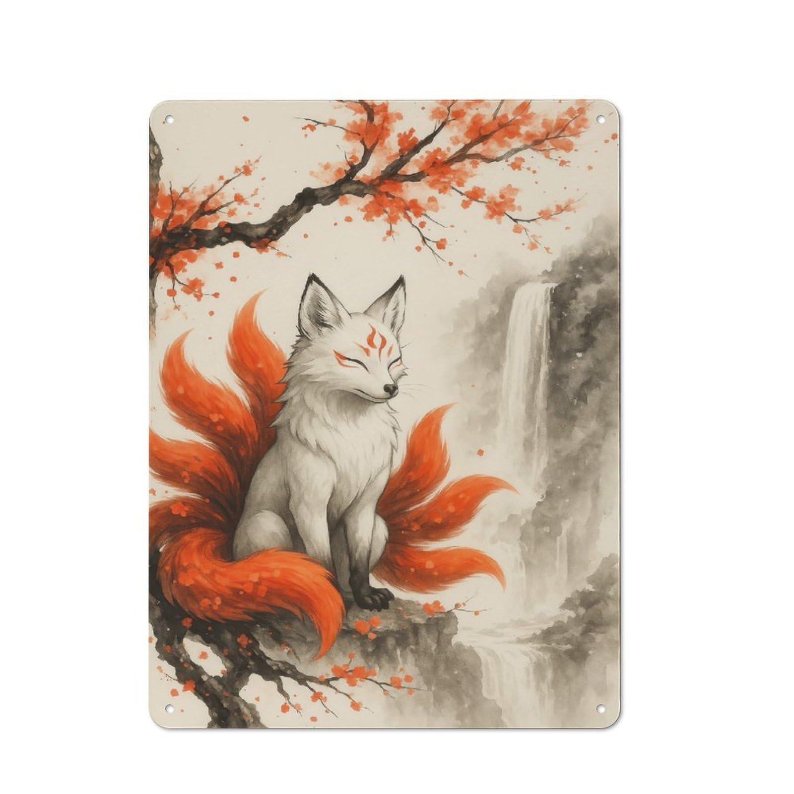 Junmoney Style-3 Nine-Tailed Fox By Waterfall Modern Vintage Metal Wall Decor 40X30cm, Tin Sign For Hobby Room, Office, Lounge Or Living Room