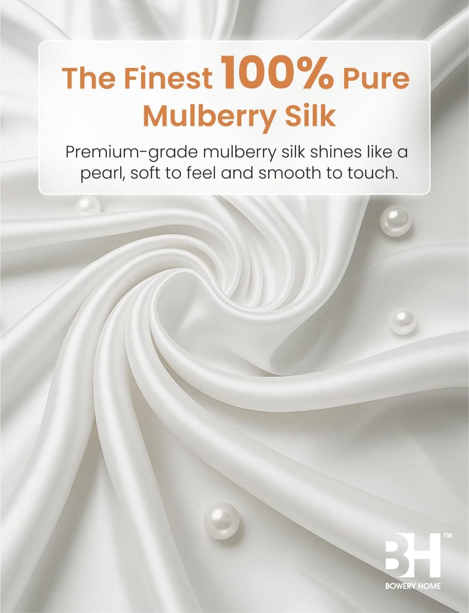 Bowery Home Silk Pillowcase - Both Sides 100% Pure Mulberry Silk - 22 Momme 6A High-Grade Fibers - Pillow Cover for Hair & Skin - Standard Size Hidden Zipper (Natural White)